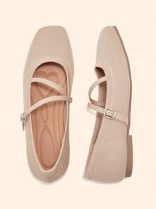 CUCCOO BASICS Women's Square Toe Flat Bottom Apricot Knitted Cross-Strap Ballet Flats Comfortable And Breathable Knitted Mary Jane Shoes Daily Leisure Commuting - Apricot - View 1