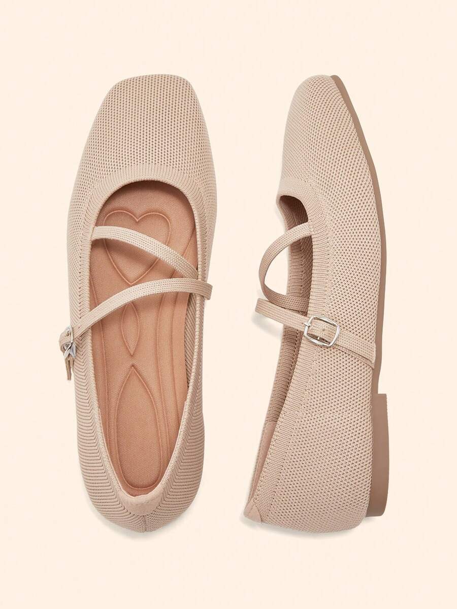 CUCCOO BASICS Women's Square Toe Flat Bottom Apricot Knitted Cross-Strap Ballet Flats Comfortable And Breathable Knitted Mary Jane Shoes Daily Leisure Commuting - Apricot - View 1