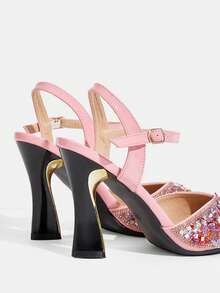 CUCCOO TILAWA Shoes Pink Sunflower Resin Sparkling Rhinestone Fashion Elegant Temperament Sexy Pointed Thick Heel Women's High Heels - Rear Buckle Exquisite Design, - Pink - View 9