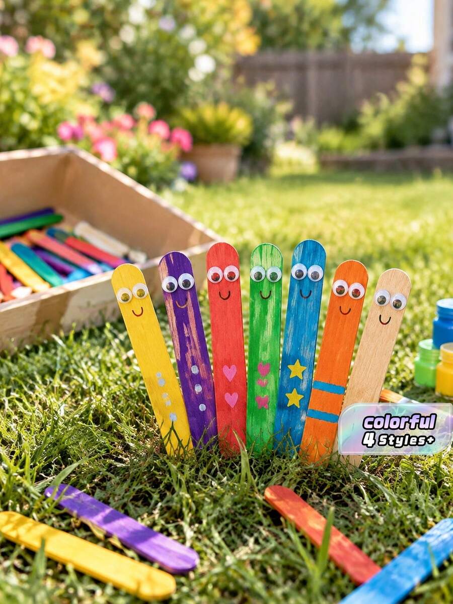 200pcs Colorful Craft Sticks, Wooden Rainbow Craft Sticks, 4.5 Inch Colorful Wooden Sticks, Craft Sticks, Rainbow Craft Sticks, Diy Craft Supplies, Building Models - Multicolor - View 1