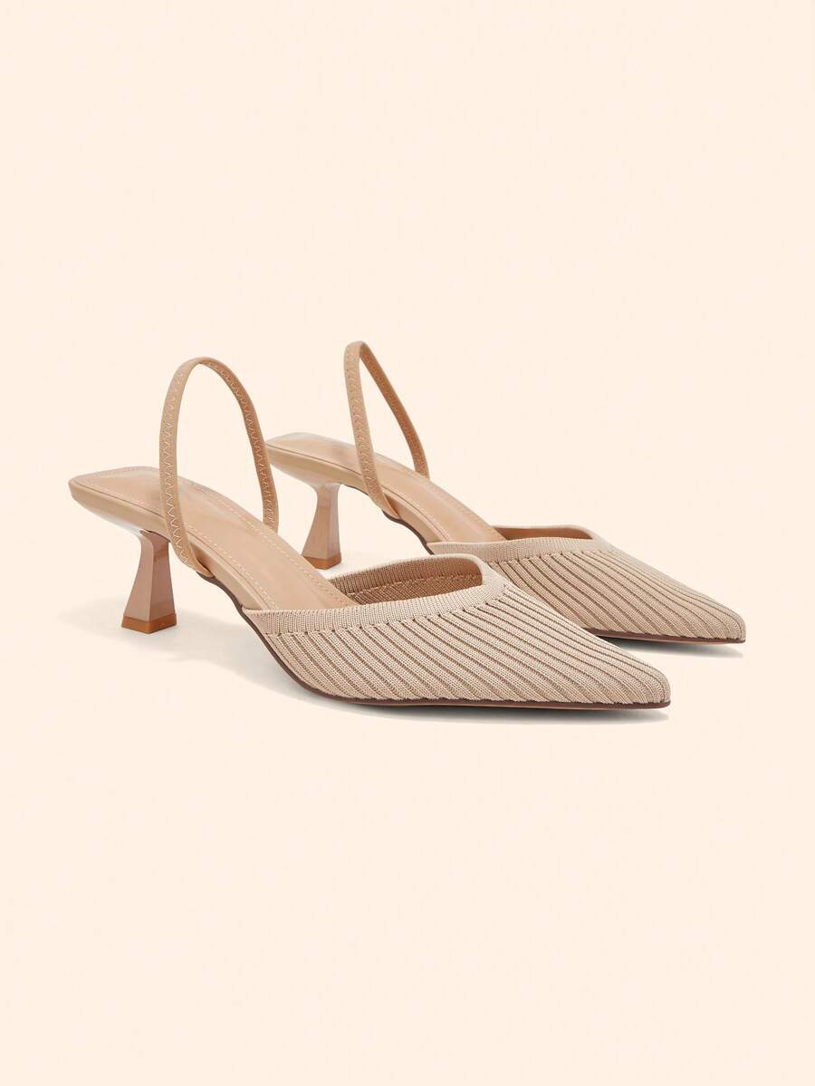 CUCCOO BASICS Women's Pointed Kitten Heel Apricot Knitted V-Mouth Striped Rear Elastic Band Women's Rear Empty Single Shoes Daily Commuting Elegant Breathable High - Khaki - View 1