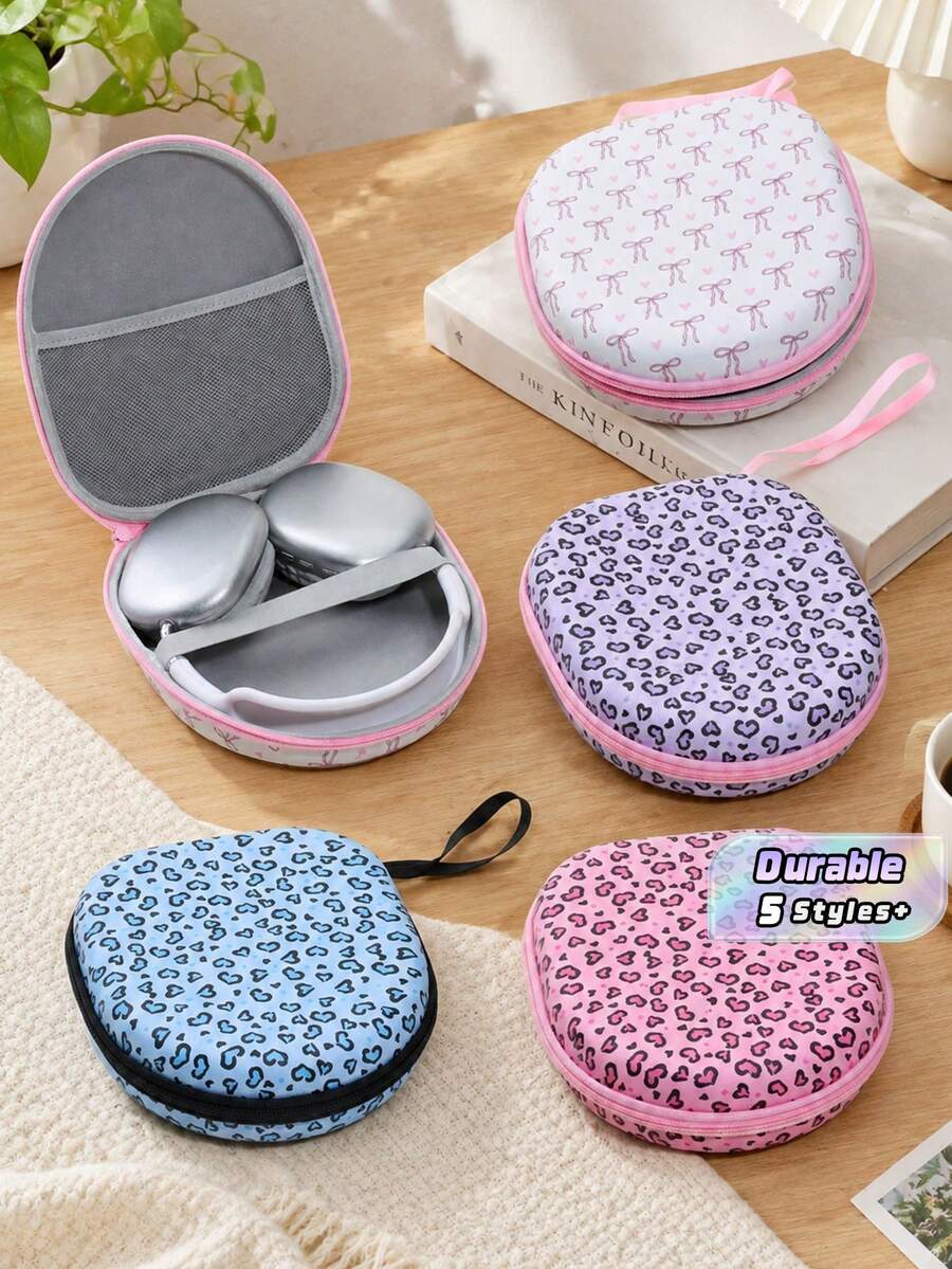 Leopard Pink EVA Hard Shell Headphone Carrying Case, Soft Lining With Mesh Pocket, Portable Travel Drop‑Proof Storage Box, Compatible With Apple Over‑Ear Headphones, Large‑Size Audio Headset Protective Carry Shell - Multicolor - View 1