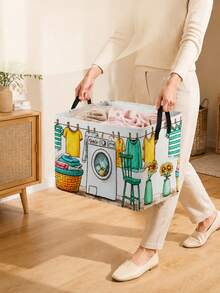 1Pc Happy Laundry Day Print Foldable Storage Basket, Square Fabric Collapsible Storage Bin, Space Saving Organizer For Home, Dorm & Under Bed Storage - Multicolor - View 8