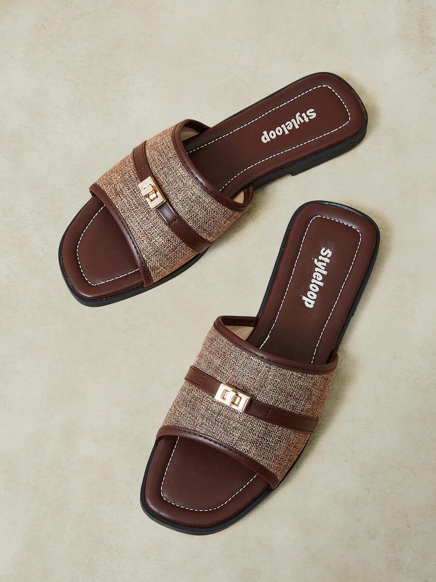 Styleloop Color Matching Square Toe Sandals Women's Summer Wear Flat Bottom Linen Breathable Slouchy Word Drag Holiday Sandals - Coffee Brown - View 1