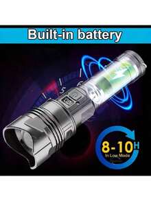 Strong LED Flashlight, Ultra Bright Tactical Light, Emergency Spotlight, Long-Range Zoom Flashlight, Built-In Battery - Black - View 7
