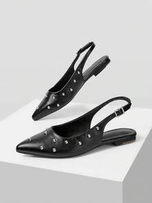 Mnmlis Women's Silver Rivet Pointed Toe Backless Flat Shoes With Adjustable Buckle Straps Retro Vacation Versatile Flat Loafers - Black - View 2