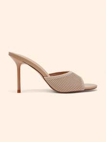 CUCCOO BASICS Women's Fashion Sexy Round Toe Woven Striped Fabric Basic Slippers, High Heels Lacquered Cone Heels. Light And Slouchy Mules Shoes. Suitable - Khaki - View 2