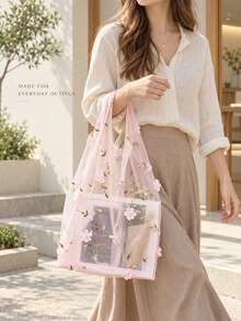 Haus Hana Mesh Embroidered Flower Handbag, Fairy Style Summer Cute Fresh Mesh Tote Bag, Portable Handheld Mesh Pouch - Multicolor - View 6