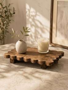 Cirelle 1pc Wood Pedestal Stand For Bathroom Counter, Rustic Scalloped Edge Wooden Tray Risers, Dark Walnut Small Decorative Pedestal Risers For Soap Dispensers, Candles, Perfume, Kitchen Sink Organizer - Multicolor - View 1