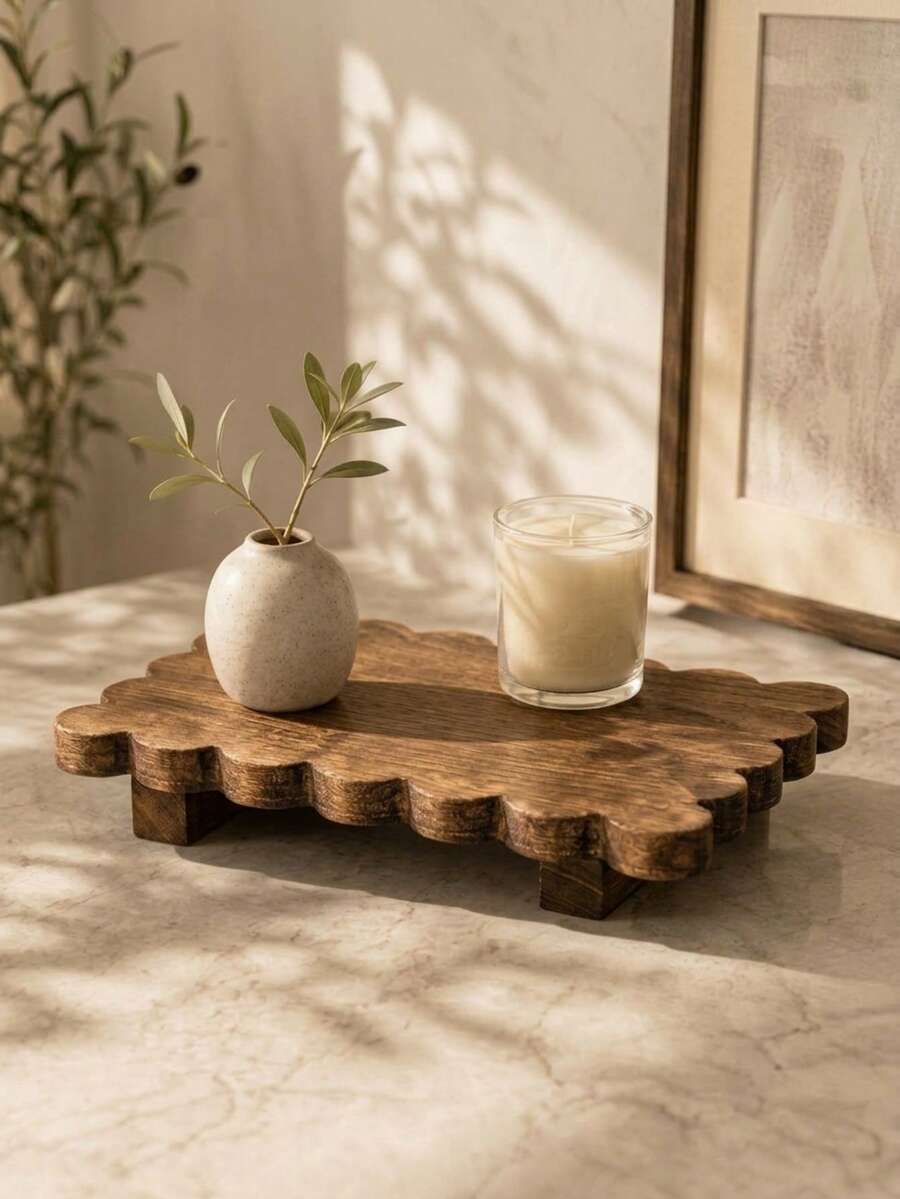 Cirelle 1pc Wood Pedestal Stand For Bathroom Counter, Rustic Scalloped Edge Wooden Tray Risers, Dark Walnut Small Decorative Pedestal Risers For Soap Dispensers, Candles, Perfume, Kitchen Sink Organizer - Multicolor - View 1