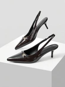 Mnmlis Dark Brown Shiny Leather Metal Square Buckle Pointed Empty Sandals, French Kitten Heel Strap Commuter Stiletto High Heels - dark brown - View 2
