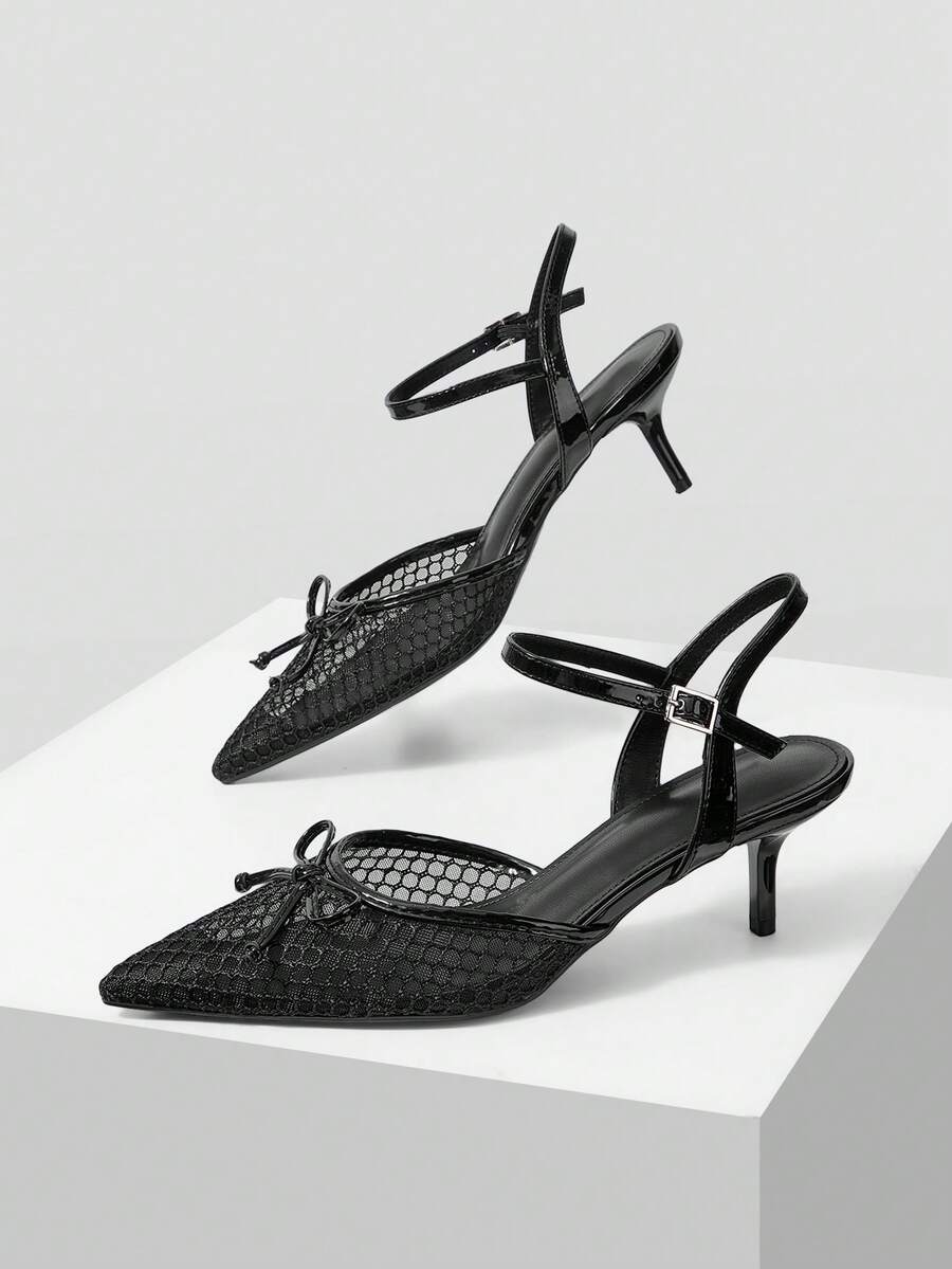Mnmlis French Mesh Bow Pointed Back Empty Sandals, Stiletto Kitten And Buckle Breathable High Heels Women - Black - View 1