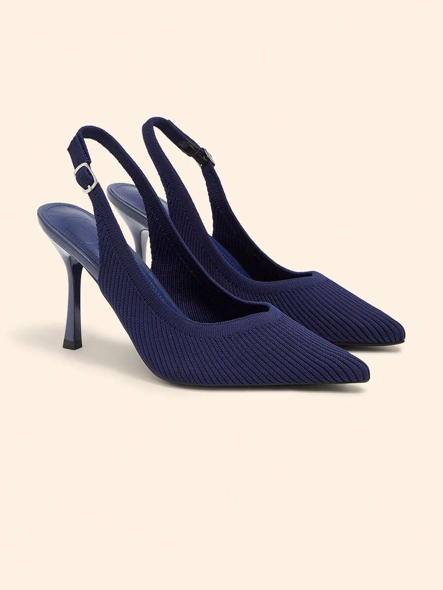 CUCCOO BASICS Women's Fashion Pointed V-Cut Fabric Woven Surface. Side Up To Buckle Empty Shoes. Painted High Heels, Breathable Mesh Comfortable. Suitable For Festive Fall Shoes - Navy Blue - View 1