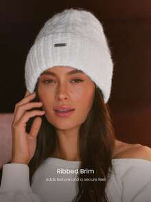 GLOWMODE Chill Mode Brushed Cable-Knit Beanie With Thick Ribbed Brim & Metallic Logo Tag Daily Casual Outdoor Fall Winter Wear - Beige - View 3