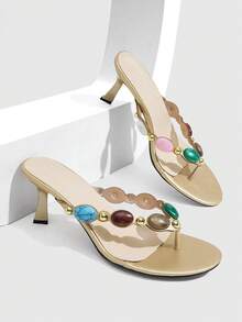 CUCCOO SZL Ladies' Elegant Summer Gold PU-Faced High-Heeled Slippers - Gold - View 2