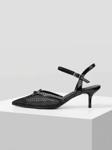 Mnmlis French Mesh Bow Pointed Back Empty Sandals, Stiletto Kitten And Buckle Breathable High Heels Women - Black - View 2