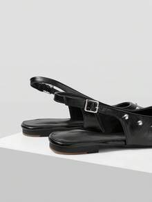 Mnmlis Women's Silver Rivet Pointed Toe Backless Flat Shoes With Adjustable Buckle Straps Retro Vacation Versatile Flat Loafers - Black - View 3