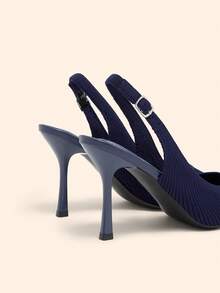CUCCOO BASICS Women's Fashion Pointed V-Cut Fabric Woven Surface. Side Up To Buckle Empty Shoes. Painted High Heels, Breathable Mesh Comfortable. Suitable For Festive Fall Shoes - Navy Blue - View 8