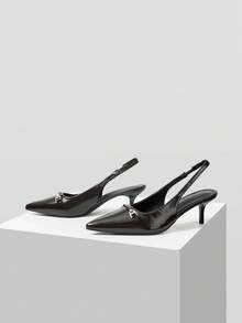 Mnmlis Dark Brown Shiny Leather Metal Square Buckle Pointed Empty Sandals, French Kitten Heel Strap Commuter Stiletto High Heels - dark brown - View 4