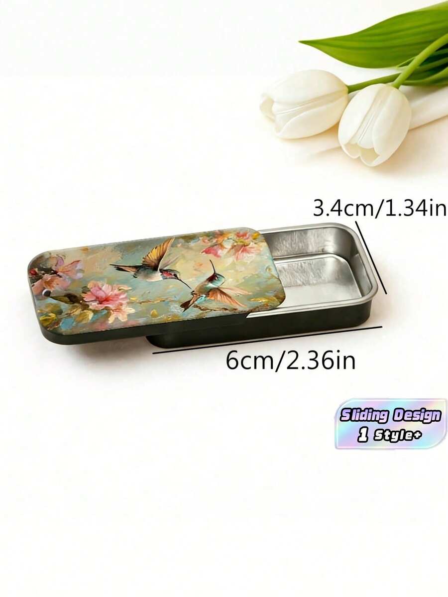 1PC Metal Sliding Lid Hummingbird Flower Pattern Compact Matchbox Style Storage Tin Portable Durable Matches Not Included For Travel Home Office Desk Decoration Gift - Multicolor - View 1