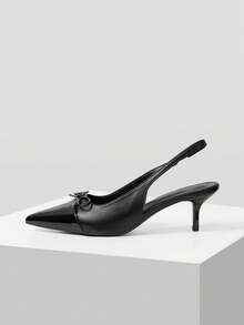 Mnmlis Splicing Leather Small Bow Pointed Empty Sandals, French Kitten Heel Strap Stiletto High Heels - Black - View 2