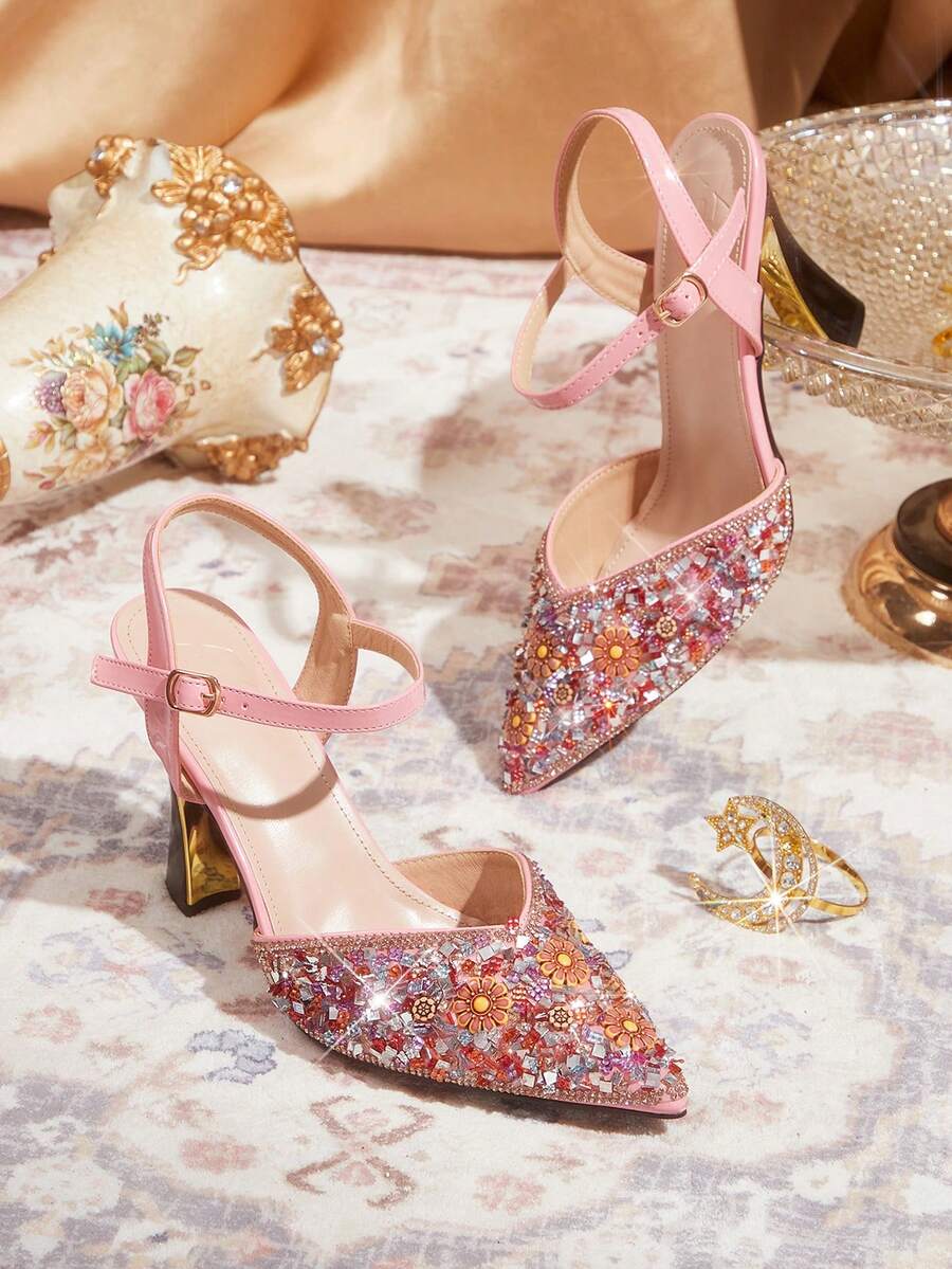 CUCCOO TILAWA Shoes Pink Sunflower Resin Sparkling Rhinestone Fashion Elegant Temperament Sexy Pointed Thick Heel Women's High Heels - Rear Buckle Exquisite Design, - Pink - View 1