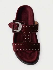 Nöista Coffee Brown Suede-Effect Slip-On Shoes With Riveted Criss-Cross Straps And Oversized Buckle, Blending Bohemian Style With Bold Design - Burgundy red - View 2