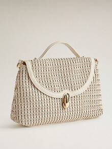 Wovira Ladies Fashion Beige Handbag, Exquisite Hollow Weaving Craft Flip Commuter Bag For Daily, Commuter, Vacation, Travel, Bohemian - Beige - View 3