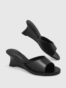 CUCCOO BIZCHIC Temperament Glossy Open Toe Sandals Women, Niche Special-Shaped Heel Mules Shoes, Daily Commuting Versatile Outer Wear Slippers Wedge Heel Fashion - Black - View 9