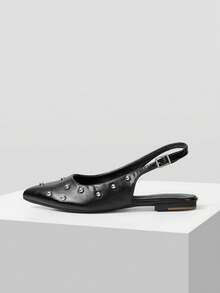 Mnmlis Women's Silver Rivet Pointed Toe Backless Flat Shoes With Adjustable Buckle Straps Retro Vacation Versatile Flat Loafers - Black - View 5