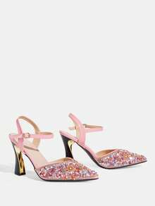 CUCCOO TILAWA Shoes Pink Sunflower Resin Sparkling Rhinestone Fashion Elegant Temperament Sexy Pointed Thick Heel Women's High Heels - Rear Buckle Exquisite Design, - Pink - View 10