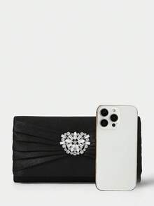 SHECARRY Ladies' Fashion Black Satin Pleated Hard Shell Clutch Bag, Exquisite Flower Rhinestone Buckle, For Parties, Dinners, Weddings, Dress Matching - Black - View 5