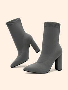 CUCCOO BASICS Women Gray Knit Sock Boots Chunky Heel Pointed Toe Ankle Calf Boots Fall Boots - Grey - View 4