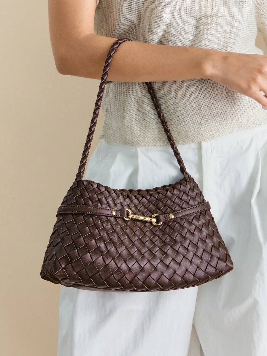 Wovira Women's Fashion Coffee-Colored Shoulder Bag, Exquisite Buckle Straps, Hand-Woven Craftsmanship, For Daily, Commuting, Shopping, Vacation, Travel - Coffee Brown - View 1
