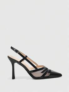 CUCCOO BIZCHIC Sepatu Hak Tinggi Wanita Model Slingback dengan Jahitan Jala Satin, Ujung Lancip, dan Tali Ganda - Hitam cerah - View 2