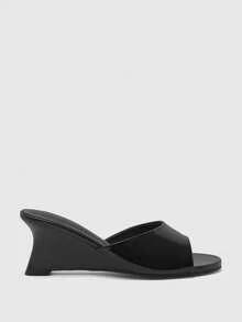 CUCCOO BIZCHIC Temperament Glossy Open Toe Sandals Women, Niche Special-Shaped Heel Mules Shoes, Daily Commuting Versatile Outer Wear Slippers Wedge Heel Fashion - Black - View 2
