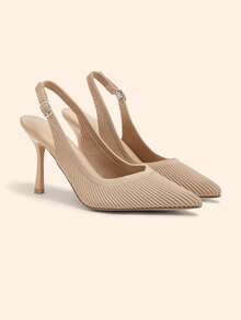 CUCCOO BASICS Women's Fashion Pointed V-Cut Fabric Woven Surface. Side Up To Buckle Empty Shoes. Painted High Heels, Breathable Mesh Comfortable. Suitable For Fall Shoes - Apricot - View 5