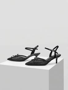Mnmlis French Mesh Bow Pointed Back Empty Sandals, Stiletto Kitten And Buckle Breathable High Heels Women - Black - View 4