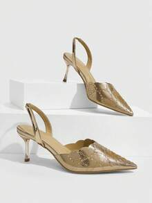 CUCCOO SZL Ladies Gorgeous Glitter Fabric Back Empty Heels Ladies Pointed Party Heels - Rose Gold - View 1