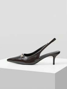 Mnmlis Dark Brown Shiny Leather Metal Square Buckle Pointed Empty Sandals, French Kitten Heel Strap Commuter Stiletto High Heels - dark brown - View 1