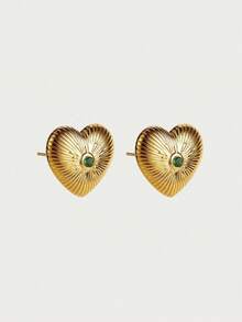 Glisma 18K Gold Plated Classic Heart Earrings, Suitable For Party, Nightclub, Shopping, Vintage, Premium, Rhinestones, Heart Shape, Western Jewelry, - Yellow Gold - View 2