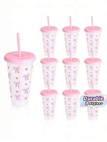 1/10Pcs, 24-Ounce Powder Blue Bowknot Plastic Cups With Lids And Straws, Reusable, Cute Transparent Plastic Cups, Suitable For Birthday, Wedding, And Party Supplies. Reusable Plastic Cups With Pink Ribbons, Summer Drink Cups - multicolor - View 1