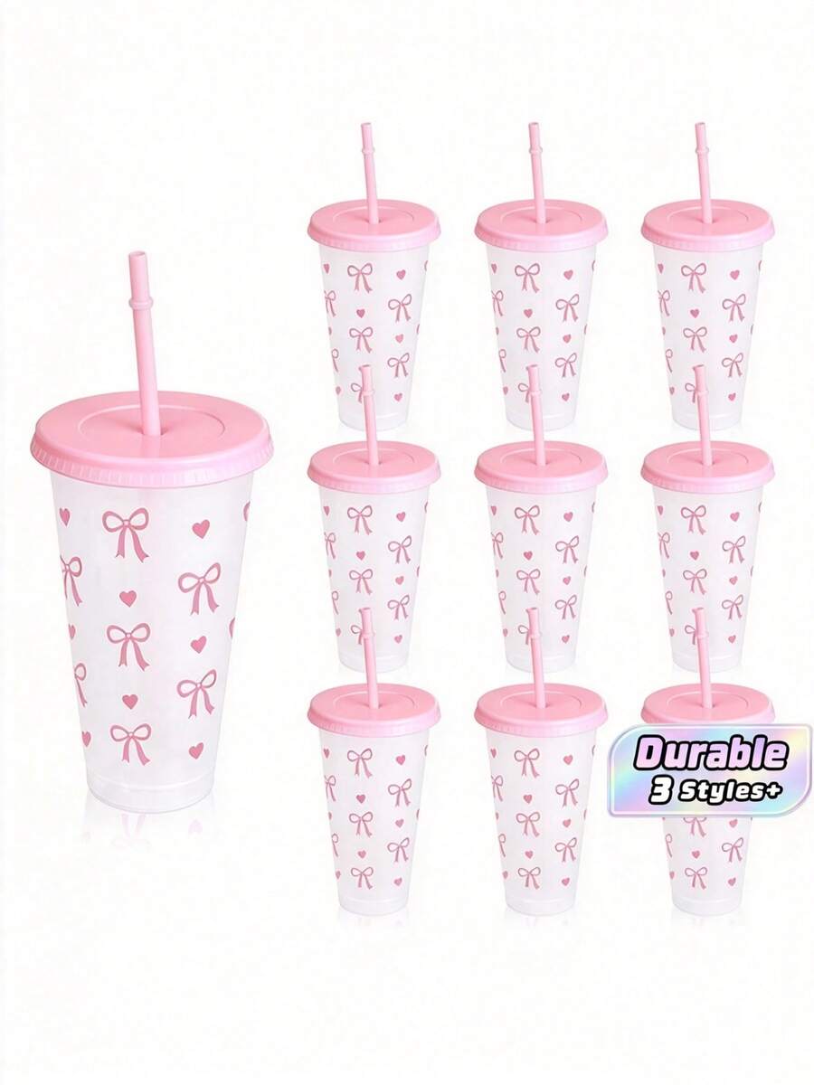1/10Pcs, 24-Ounce Powder Blue Bowknot Plastic Cups With Lids And Straws, Reusable, Cute Transparent Plastic Cups, Suitable For Birthday, Wedding, And Party Supplies. Reusable Plastic Cups With Pink Ribbons, Summer Drink Cups - multicolor - View 1