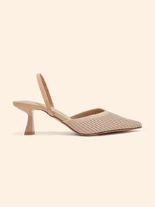 CUCCOO BASICS Women's Pointed Kitten Heel Apricot Knitted V-Mouth Striped Rear Elastic Band Women's Rear Empty Single Shoes Daily Commuting Elegant Breathable High - Khaki - View 2