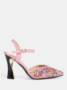 CUCCOO TILAWA Shoes Pink Sunflower Resin Sparkling Rhinestone Fashion Elegant Temperament Sexy Pointed Thick Heel Women's High Heels - Rear Buckle Exquisite Design, - Pink - View 3