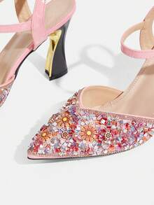 CUCCOO TILAWA Shoes Pink Sunflower Resin Sparkling Rhinestone Fashion Elegant Temperament Sexy Pointed Thick Heel Women's High Heels - Rear Buckle Exquisite Design, - Pink - View 6