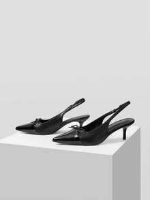 Mnmlis Splicing Leather Small Bow Pointed Empty Sandals, French Kitten Heel Strap Stiletto High Heels - Black - View 1
