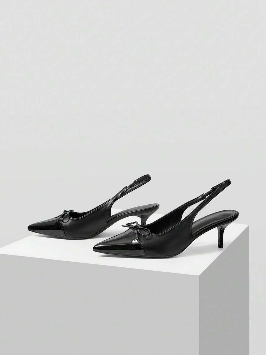Mnmlis Splicing Leather Small Bow Pointed Empty Sandals, French Kitten Heel Strap Stiletto High Heels - Black - View 1