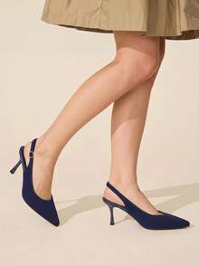 CUCCOO BASICS Women's Fashion Pointed V-Cut Fabric Woven Surface. Side Up To Buckle Empty Shoes. Painted High Heels, Breathable Mesh Comfortable. Suitable For Festive Fall Shoes - Navy Blue - View 4