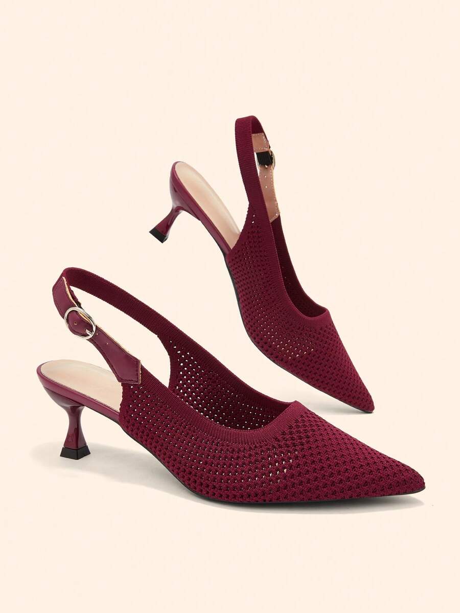 CUCCOO BASICS Ladies' Pointed Breathable Mesh Back Strap High-Heeled Commuting Style Low Vamp Daily Date Versatile High-Heeled Shoes - Burgundy - View 1